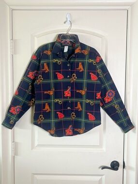 Vintage Alexander Campbell Equestrian Horse Print Navy Plaid Button Down Shirt